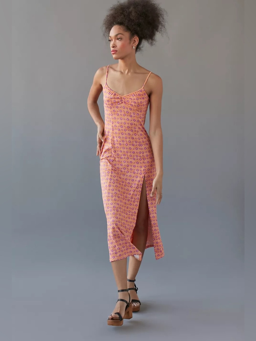 Urban Outfitters Arna Floral Midi Slip Dress Orange Purple Retro Boho Size L